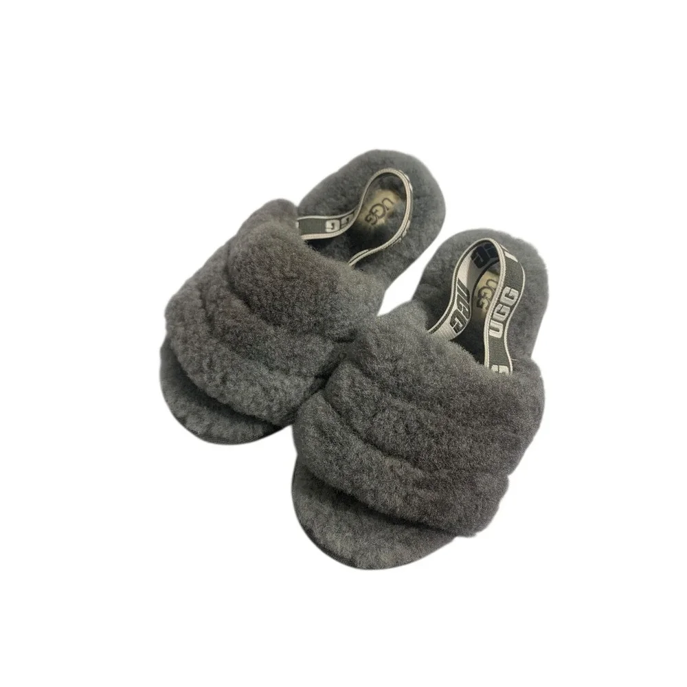 UGG Kids Fluff Yeah Slide‎ Slippers Gray Fuzzy US 10 KIDS back Sandals, Comfy SZ